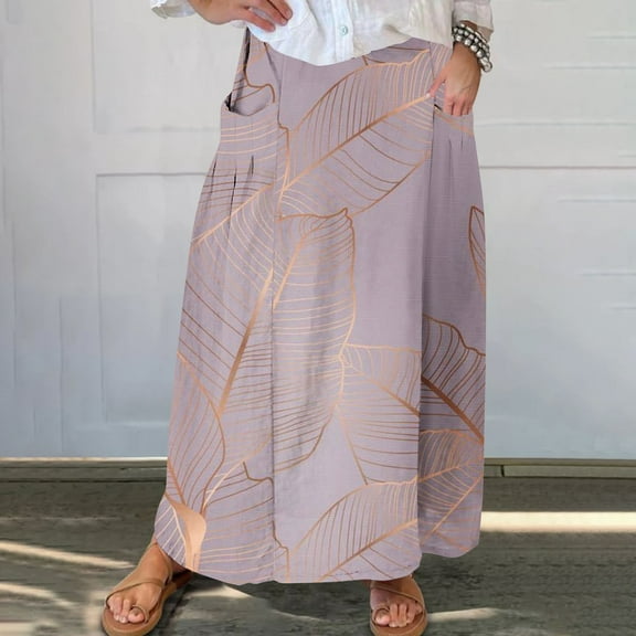 WXLWZYWL Women Flowy Maxi Skirt Floral Print Fall Casual Boho High Elatic Waist Loose Long Skirt with Pockets