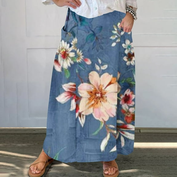 WXLWZYWL Women Flowy Maxi Skirt Floral Print Fall Casual Boho High Elatic Waist Loose Long Skirt with Pockets