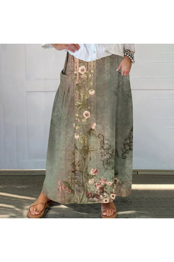 Women Flowy Maxi Skirt Floral Print Fall Casual Boho High Elatic Waist Loose Long Skirt with Pockets