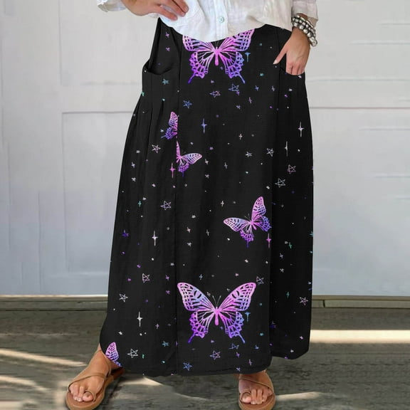 WXLWZYWL Women Flowy Maxi Skirt Floral Print Fall Casual Boho High Elatic Waist Loose Long Skirt with Pockets