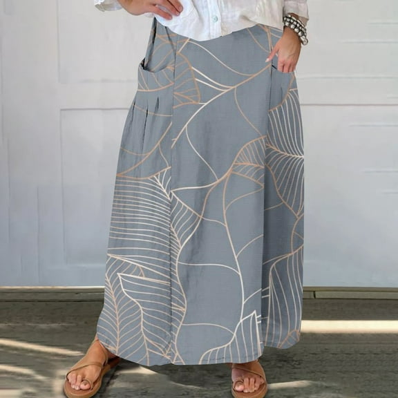 WXLWZYWL Women Flowy Maxi Skirt Floral Print Fall Casual Boho High Elatic Waist Loose Long Skirt with Pockets