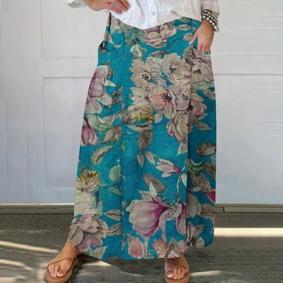 WXLWZYWL Women Flowy Maxi Skirt Floral Print Fall Casual Boho High Elatic Waist Loose Long Skirt with Pockets