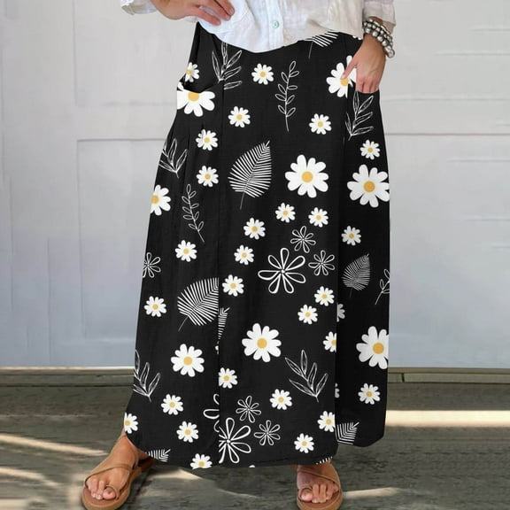 WXLWZYWL Women Flowy Maxi Skirt Floral Print Fall Casual Boho High Elatic Waist Loose Long Skirt with Pockets