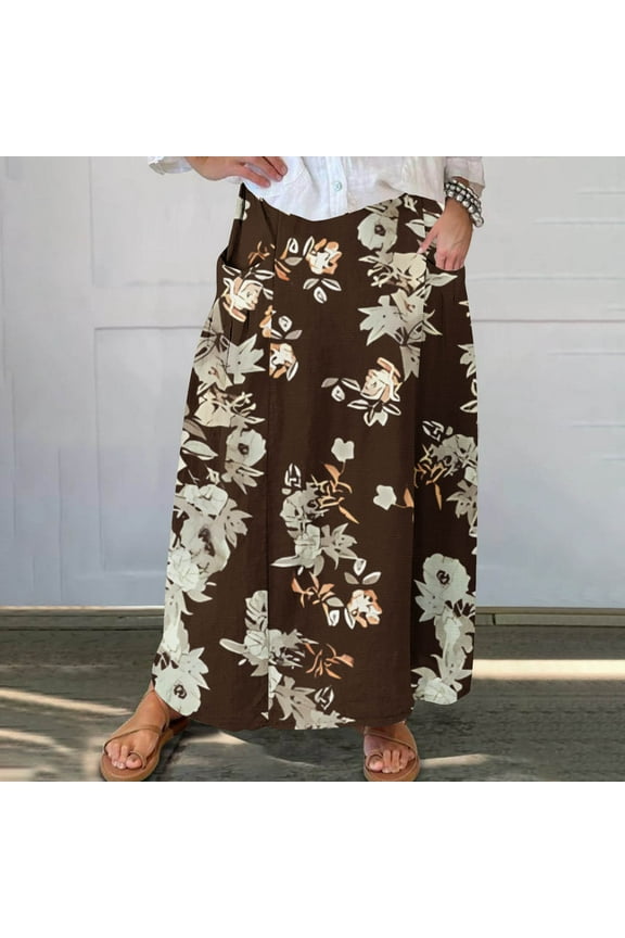 Women Flowy Maxi Skirt Floral Print Fall Casual Boho High Elatic Waist Loose Long Skirt with Pockets