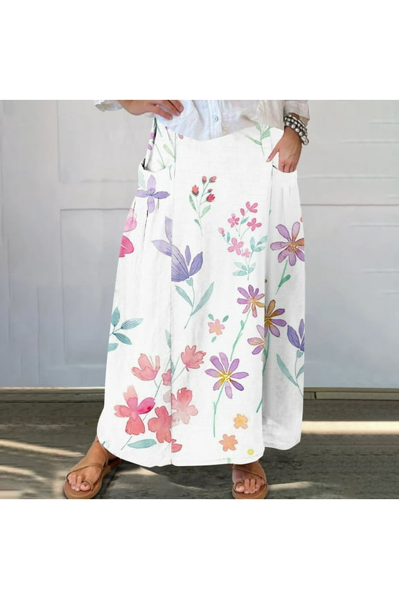 Women Flowy Maxi Skirt Floral Print Fall Casual Boho High Elatic Waist Loose Long Skirt with Pockets