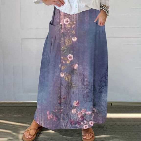 WXLWZYWL Women Flowy Maxi Skirt Floral Print Fall Casual Boho High Elatic Waist Loose Long Skirt with Pockets