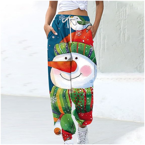 WXLWZYWL Women Merry Christmas Sweatpants Drawstring Jogger Snowflake Fun Print Elastic Waist Casual Trousers Warm Comfy Pants with Pockets