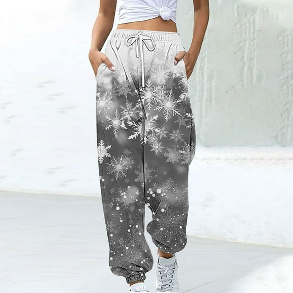 WXLWZYWL Women Merry Christmas Sweatpants Drawstring Jogger Snowflake Fun Print Elastic Waist Casual Trousers Warm Comfy Pants with Pockets