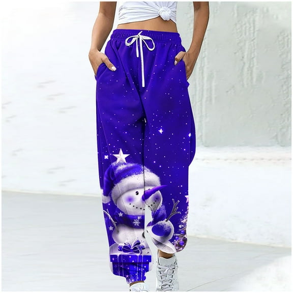 WXLWZYWL Women Merry Christmas Sweatpants Drawstring Jogger Snowflake Fun Print Elastic Waist Casual Trousers Warm Comfy Pants with Pockets