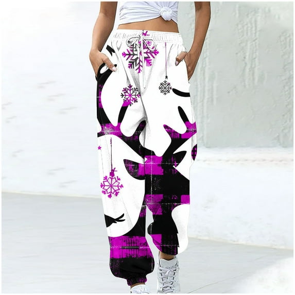 WXLWZYWL Women Merry Christmas Sweatpants Drawstring Jogger Snowflake Fun Print Elastic Waist Casual Trousers Warm Comfy Pants with Pockets