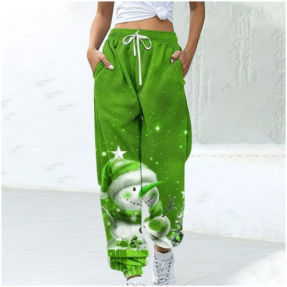 WXLWZYWL Women Merry Christmas Sweatpants Drawstring Jogger Snowflake Fun Print Elastic Waist Casual Trousers Warm Comfy Pants with Pockets