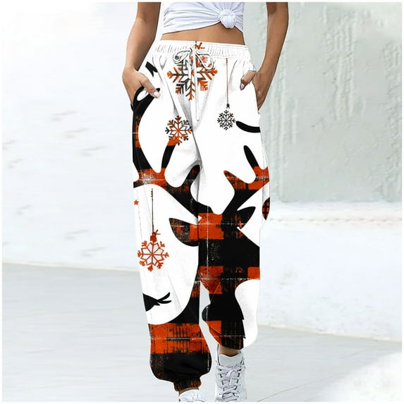 WXLWZYWL Women Merry Christmas Sweatpants Drawstring Jogger Snowflake Fun Print Elastic Waist Casual Trousers Warm Comfy Pants with Pockets