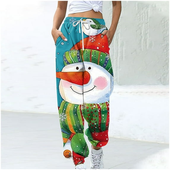 WXLWZYWL Women Merry Christmas Sweatpants Drawstring Jogger Snowflake Fun Print Elastic Waist Casual Trousers Warm Comfy Pants with Pockets