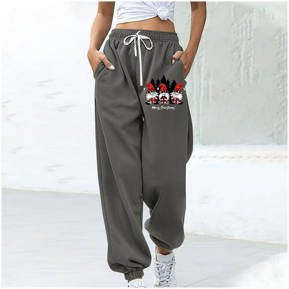 WXLWZYWL Women Merry Christmas Sweatpants Drawstring Jogger Snowflake Fun Print Elastic Waist Casual Trousers Warm Comfy Pants with Pockets