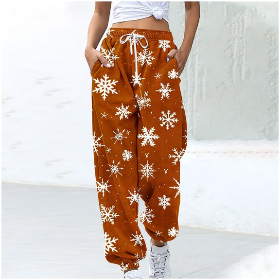 WXLWZYWL Women Merry Christmas Sweatpants Drawstring Jogger Snowflake Fun Print Elastic Waist Casual Trousers Warm Comfy Pants with Pockets