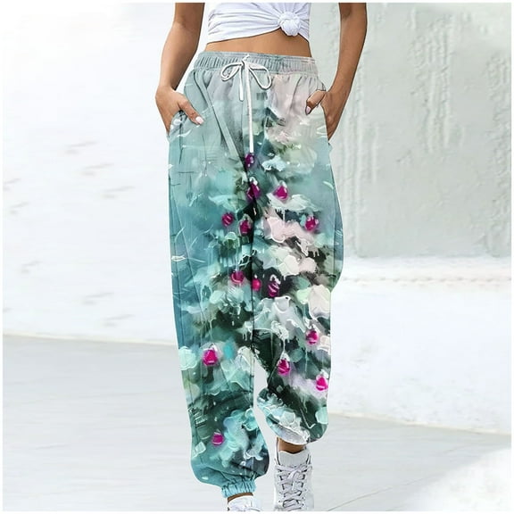 WXLWZYWL Women Merry Christmas Sweatpants Drawstring Jogger Snowflake Fun Print Elastic Waist Casual Trousers Warm Comfy Pants with Pockets