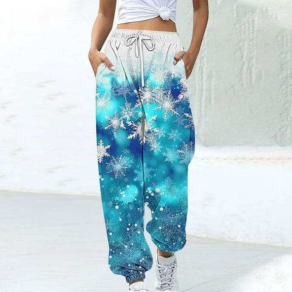 WXLWZYWL Women Merry Christmas Sweatpants Drawstring Jogger Snowflake Fun Print Elastic Waist Casual Trousers Warm Comfy Pants with Pockets