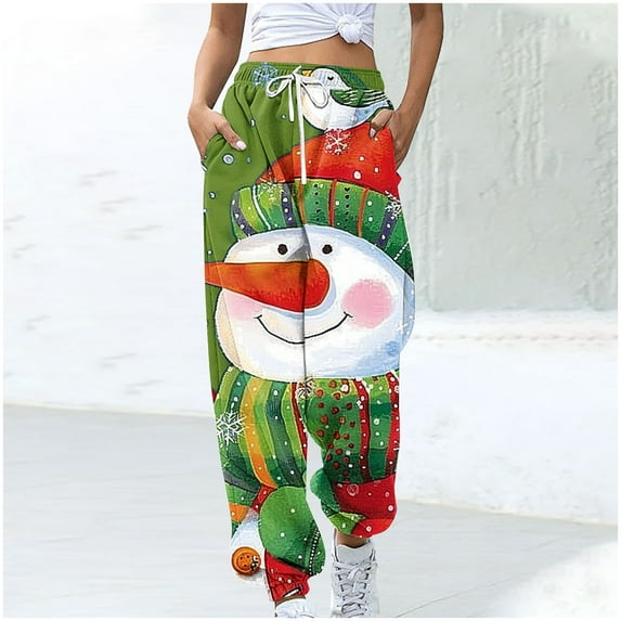 WXLWZYWL Women Merry Christmas Sweatpants Drawstring Jogger Snowflake Fun Print Elastic Waist Casual Trousers Warm Comfy Pants with Pockets