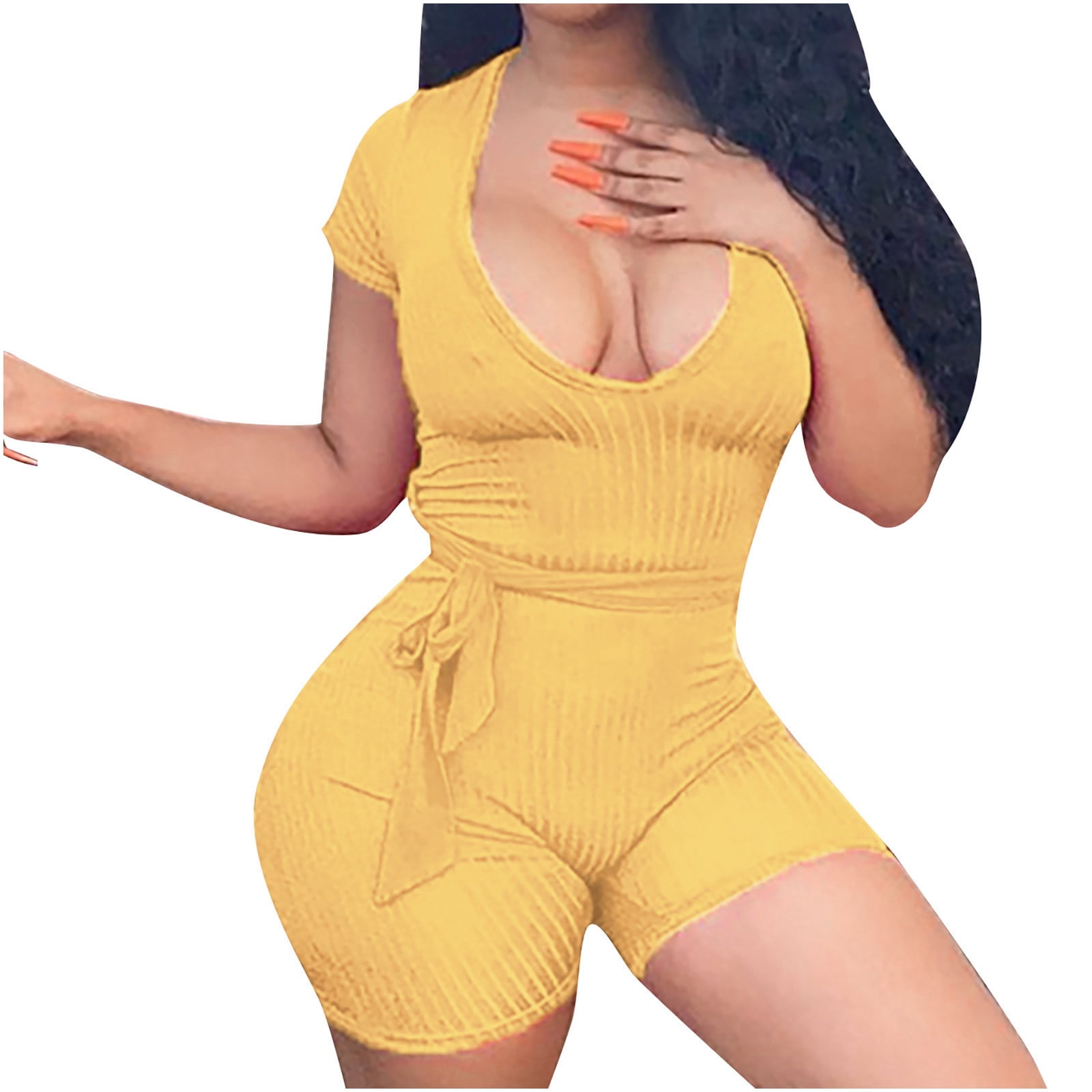 WXLWZYWL Women Ribbed Workout Rompers Scoop Neck Short Sleeve Bodycon