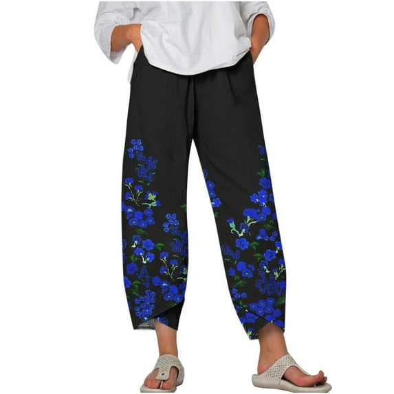 WXLWZYWL Women'S Pants Clearance Casual Pocket Slim High Elastic Waist Print Sports Cotton and Linen Pants for Women On Deals Blue
