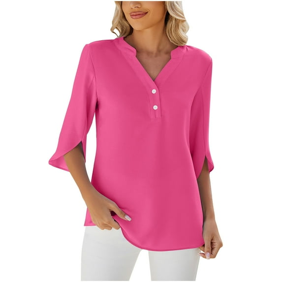 WXLWZYWL Women'S Solid Colour V-Neck Buttoned Seven Split Sleeve Loose Short Sleeve T-Shirt Tops Short Sleeve V-Neck Tops/Shirts