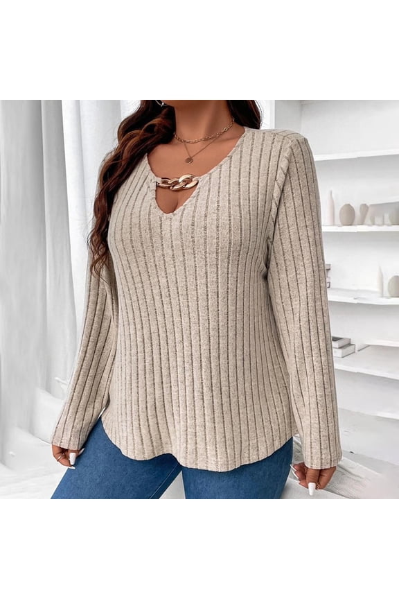 Women Solid Color Plus Size Fall and Winter Long Sleeve V-Neck Metal Buckle Sweaterloose Sweater