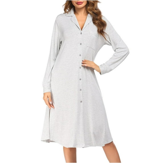 WXLWZYWL Women Striped Nightgowns Button Down Sleepshirt Long Sleeve Nightshirt Soft Sleepwear V Neck Collar Pajama Dress