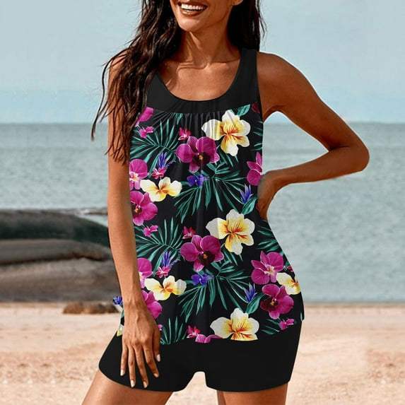 WXLWZYWL Women Two Piece Tankini Swimsuit Tummy Control Plus Size Top and High Waisted Boyshorts Bathing Suits