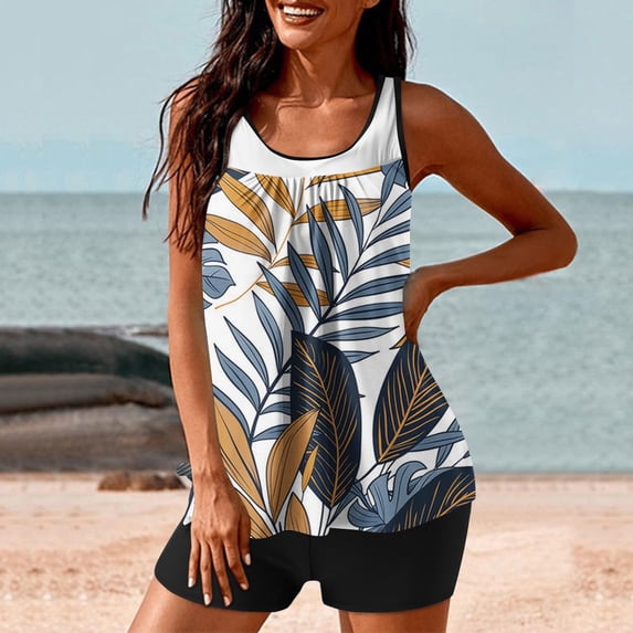 WXLWZYWL Women Two Piece Tankini Swimsuit Tummy Control Plus Size Top and High Waisted Boyshorts Bathing Suits
