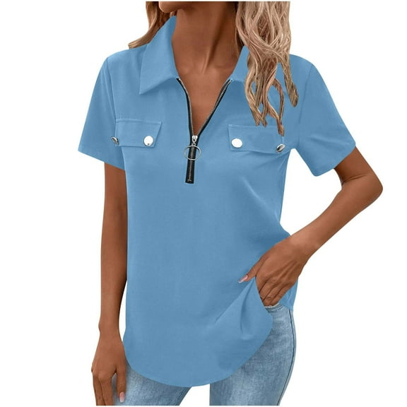 WXLWZYWL Women's 3/4 Sleeve Tops V Neck T Shirts Zipper Solid Color Collared Summer Shirts