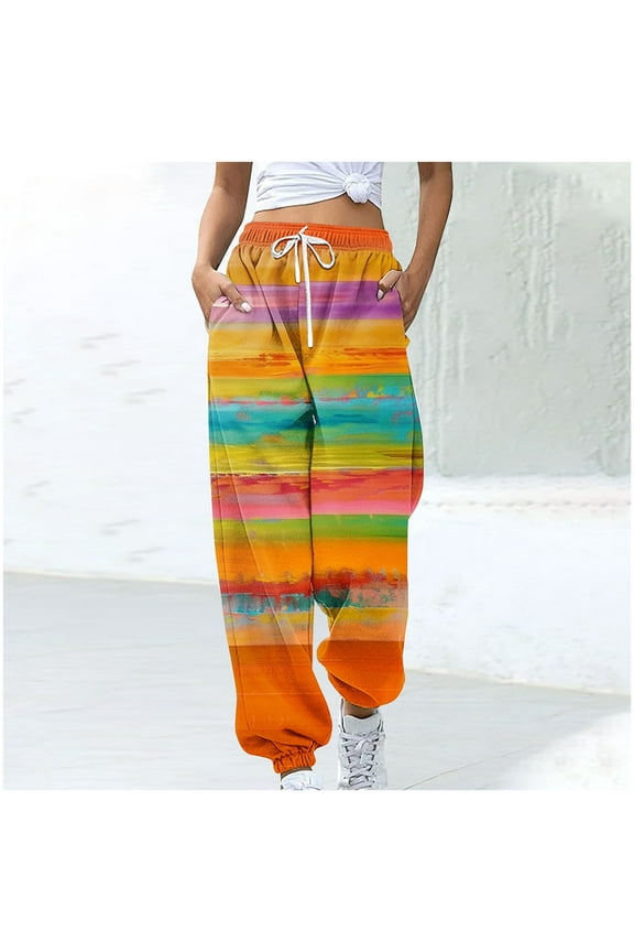 Women's Athletic Pants Straight Legs High Waisted Drawstring Rainbow Gradient Sweatpants Loose Lounge Workout Jogger Trouser