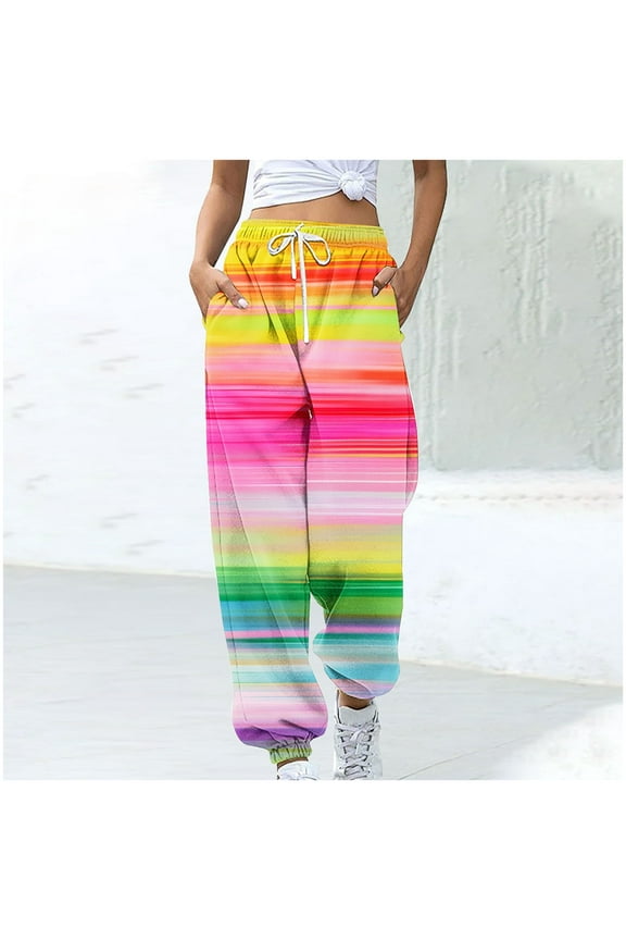 Women's Athletic Pants Straight Legs High Waisted Drawstring Rainbow Gradient Sweatpants Loose Lounge Workout Jogger Trouser