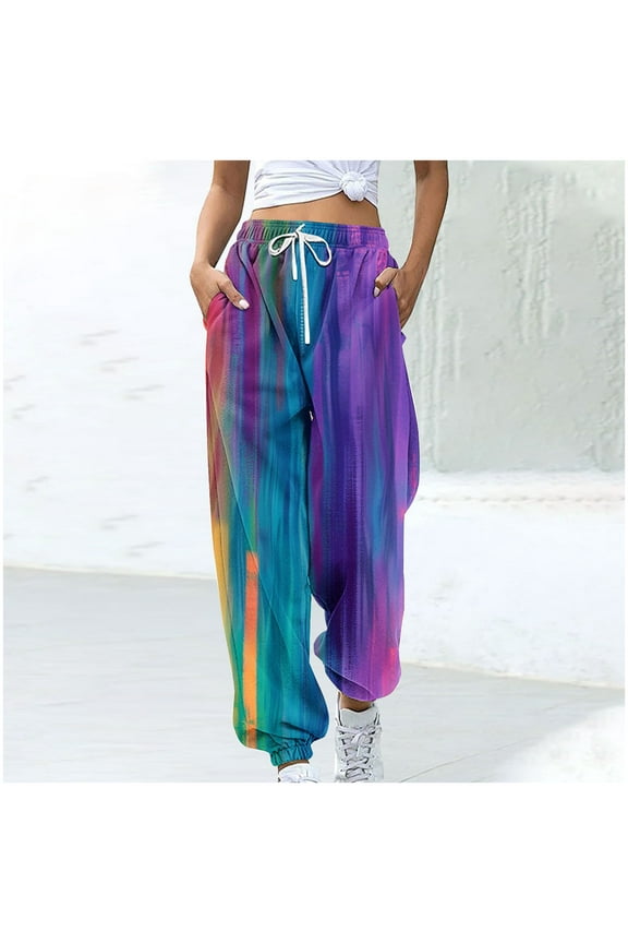Women's Athletic Pants Straight Legs High Waisted Drawstring Rainbow Gradient Sweatpants Loose Lounge Workout Jogger Trouser