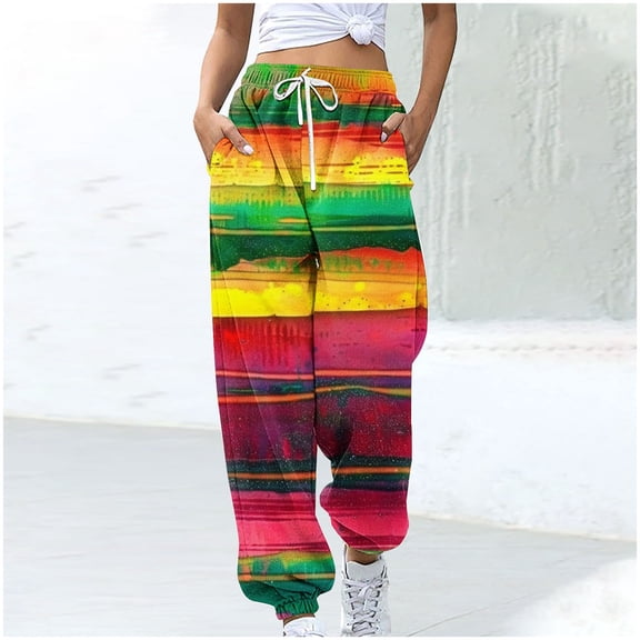 WXLWZYWL Women's Athletic Pants Straight Legs High Waisted Drawstring Rainbow Gradient Sweatpants Loose Lounge Workout Jogger Trouser