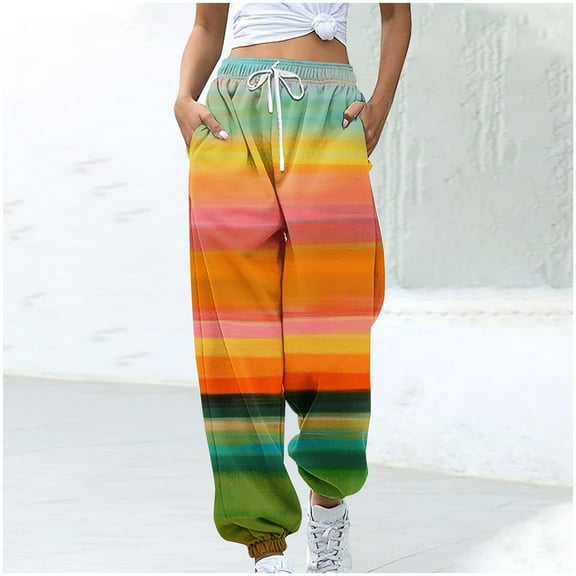 WXLWZYWL Women's Athletic Pants Straight Legs High Waisted Drawstring Rainbow Gradient Sweatpants Loose Lounge Workout Jogger Trouser