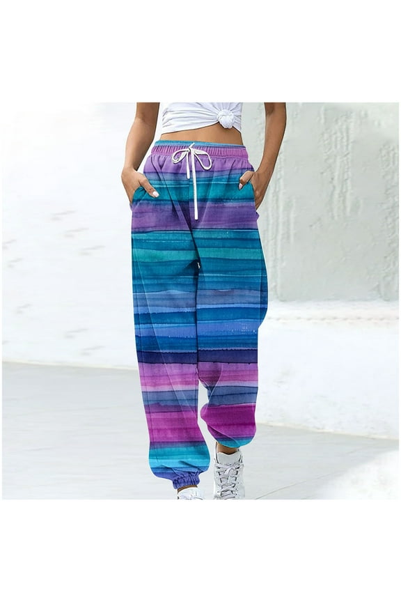 Women's Athletic Pants Straight Legs High Waisted Drawstring Rainbow Gradient Sweatpants Loose Lounge Workout Jogger Trouser