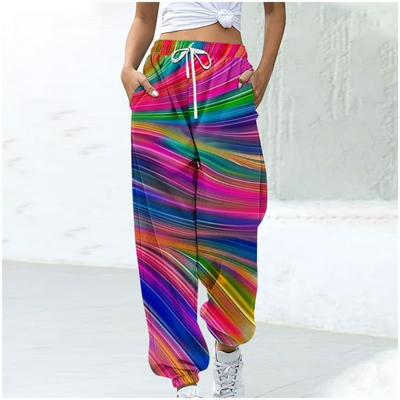 WXLWZYWL Women's Athletic Pants Straight Legs High Waisted Drawstring Rainbow Gradient Sweatpants Loose Lounge Workout Jogger Trouser