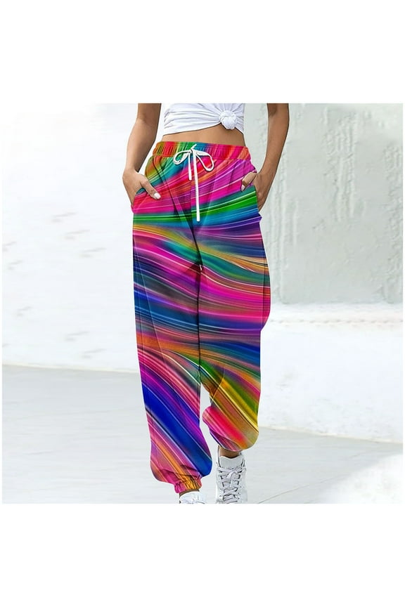 Women's Athletic Pants Straight Legs High Waisted Drawstring Rainbow Gradient Sweatpants Loose Lounge Workout Jogger Trouser