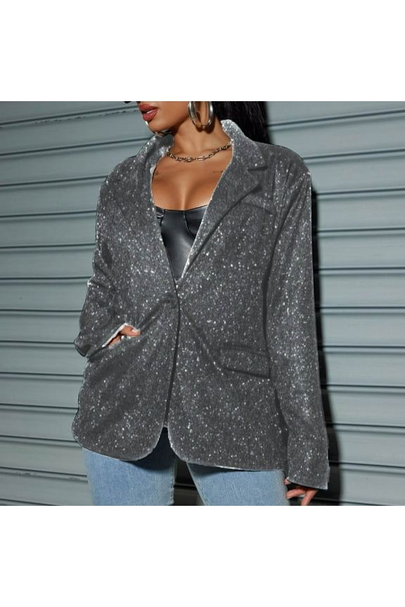Women's Blazers Dressy Casual Notched Sequins One-Button Sparkly Casual Long Sleeve Suit Jacket Business Outerwear with Pockets