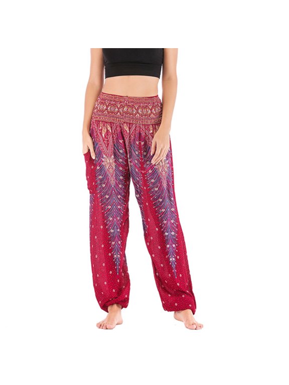 Women's Bohemian Yoga Pants High Waist Dancing Floral Thai Comfy Boho Harem Pants Drawstring Yoga Boho Palazzo PJ Clothing