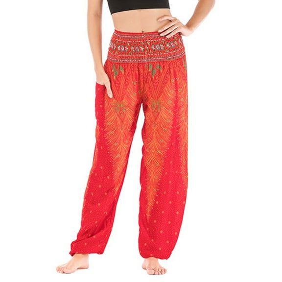 WXLWZYWL Women's Bohemian Yoga Pants High Waist Dancing Floral Thai Comfy Boho Harem Pants Drawstring Yoga Boho Palazzo PJ Clothing