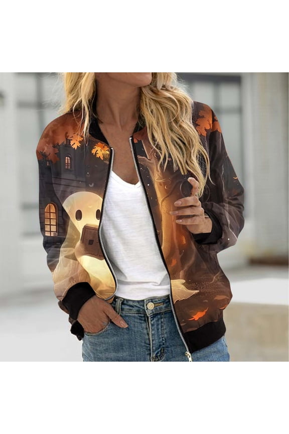 Women's Bomber Jacket Lightweight Full Zip Up Jacket Cropped Floral Coat Jacket Retro Moto Windbreaker Outwears Halloween Custume