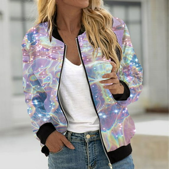 WXLWZYWL Women's Bomber Jacket Lightweight Full Zip Up Jacket Cropped Floral Coat Jacket Retro Moto Windbreaker Outwears