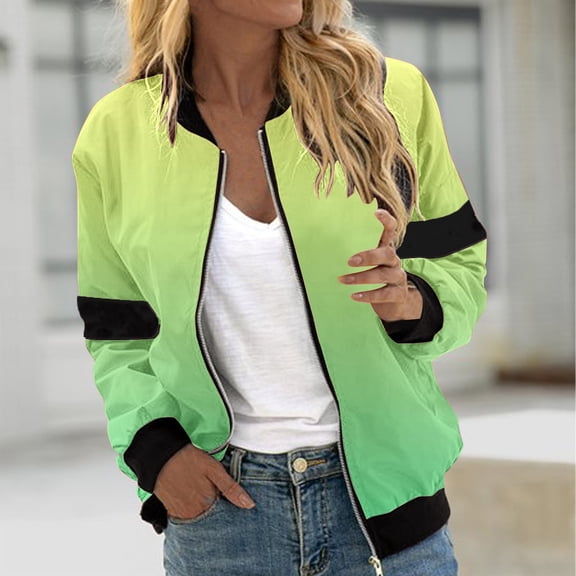 WXLWZYWL Women's Bomber Jacket Lightweight Full Zip Up Jacket Cropped Gradient Coat Jacket Retro Moto Windbreaker Outwears