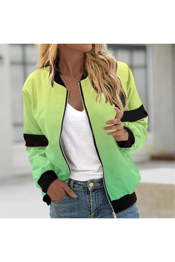 Women's Bomber Jacket Lightweight Full Zip Up Jacket Cropped Gradient Coat Jacket Retro Moto Windbreaker Outwears