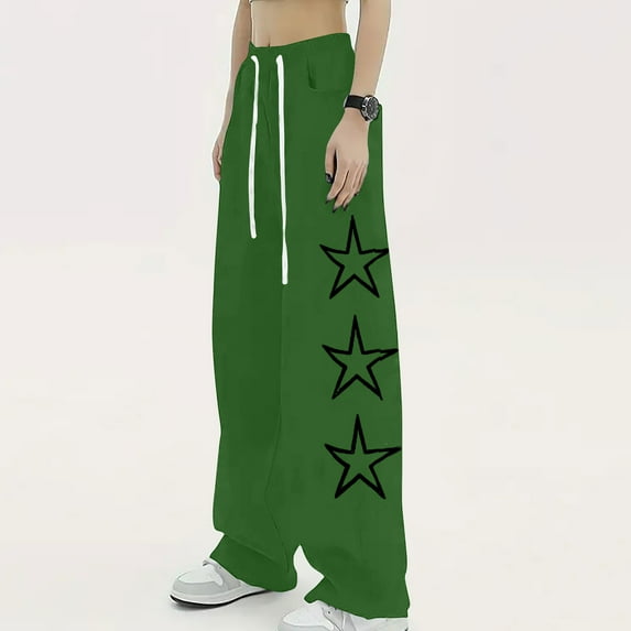 WXLWZYWL Women's Casual Baggy Sweatpants Star Printed High Waist Drawstring Trousers Wide Leg Parachute Joggers Winter Clothes