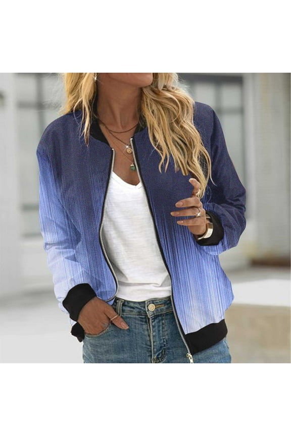 Women's Casual Bomber Jackets Zip Up Long Sleeve Gradient Coat Lightweight Windbreaker Fall Coats with Pockets