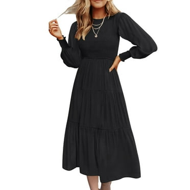 WXLWZYWL Women's Casual Maxi Dresses Long Sleeve Fall Dress Round Neck Hight Waist Flowy Maxi Tiered Dresses