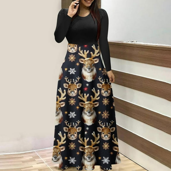 WXLWZYWL Women's Christmas Dresses Casual Vintage Print Round Neck Long Sleeve Dress Outs Fall Winter Dresses Loose Maxi Dresses