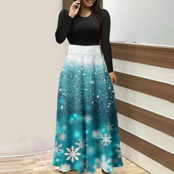 WXLWZYWL Women's Christmas Dresses Casual Vintage Print Round Neck Long Sleeve Dress Outs Fall Winter Dresses Loose Maxi Dresses